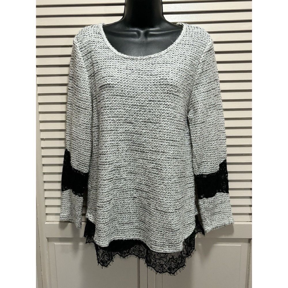 Alfani White/Black Open Knit Lace Glitter Sweater Long Sleeve Size‎ Medium